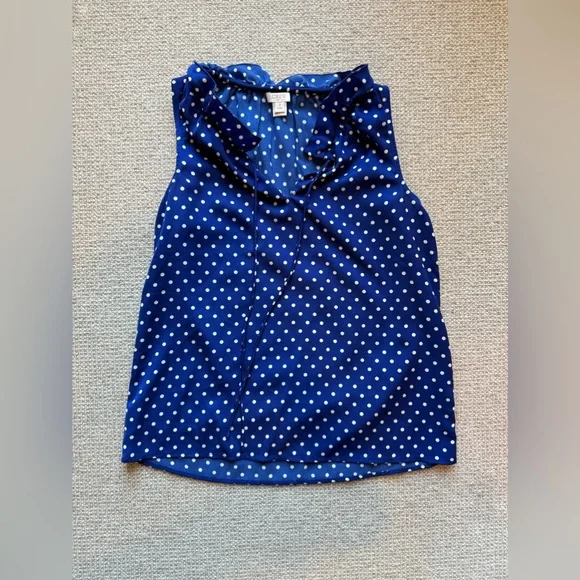 J. Crew silky polka dot sleeveless top with ruffle neck with ties. Size 2 Petite - Picture 2 of 7